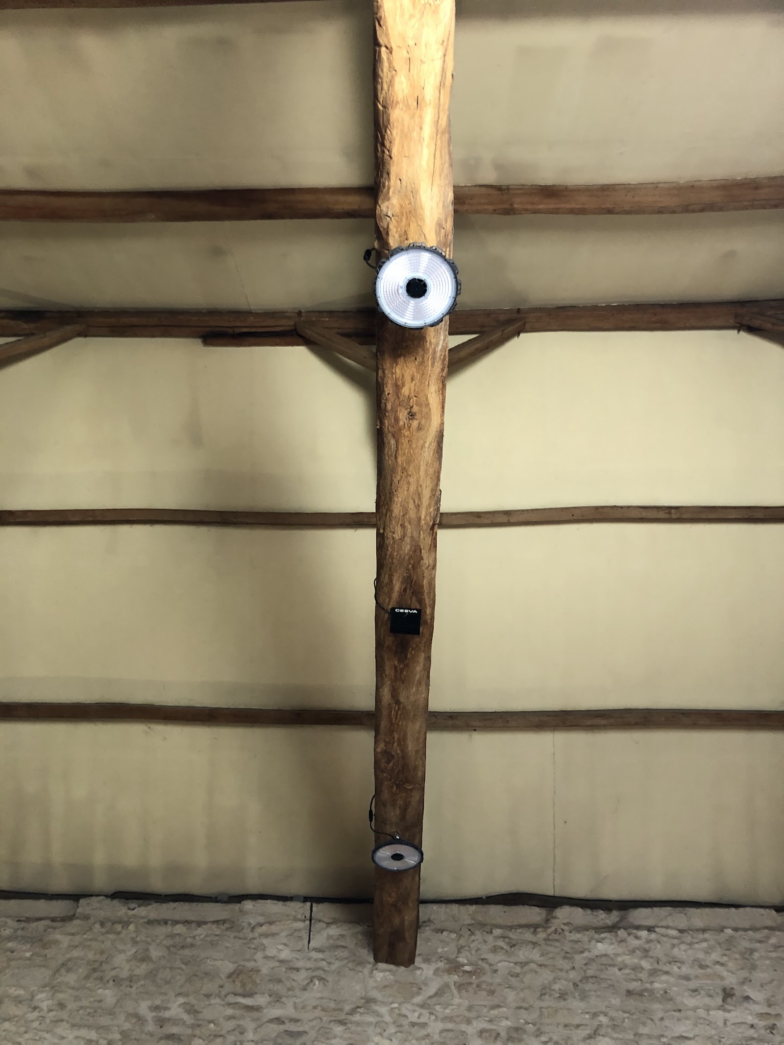 Spot LED installé sous charpente dans un hangar agricole